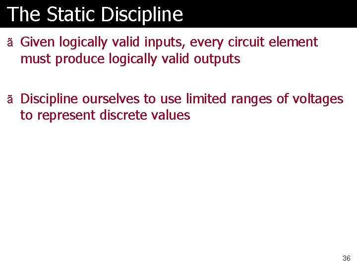 The Static Discipline ã Given logically valid inputs, every circuit element must produce logically