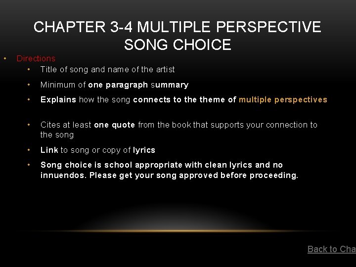 CHAPTER 3 -4 MULTIPLE PERSPECTIVE SONG CHOICE • Directions • Title of song and