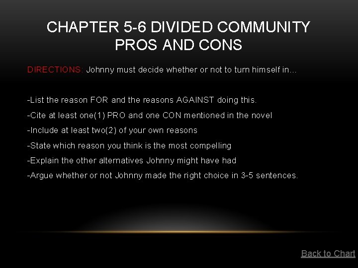 CHAPTER 5 -6 DIVIDED COMMUNITY PROS AND CONS DIRECTIONS: Johnny must decide whether or