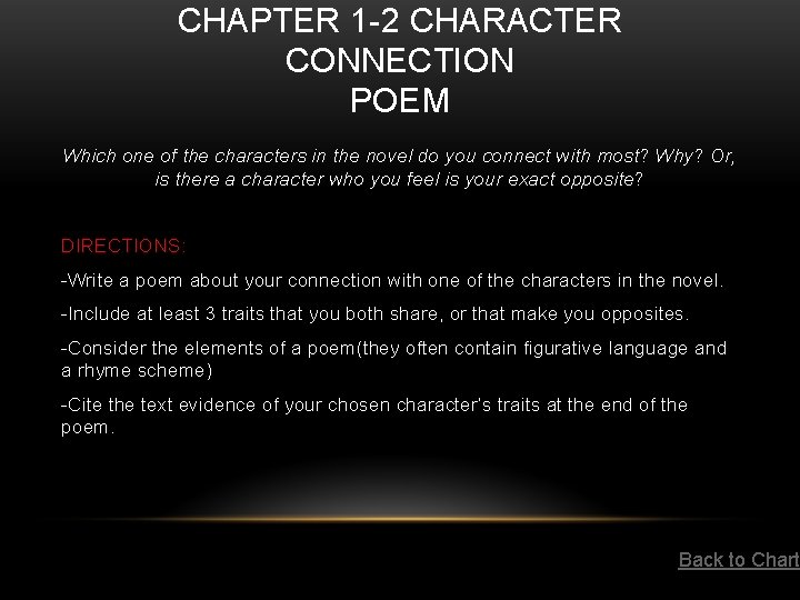 CHAPTER 1 -2 CHARACTER CONNECTION POEM Which one of the characters in the novel