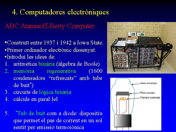 4. Computadores electròniques ABC Atanasoff-Berry Computer • Construït entre 1937 i 1942 a Iowa