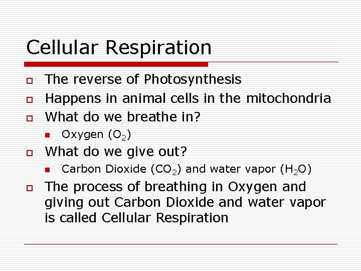 Cellular Respiration o o o The reverse of Photosynthesis Happens in animal cells in