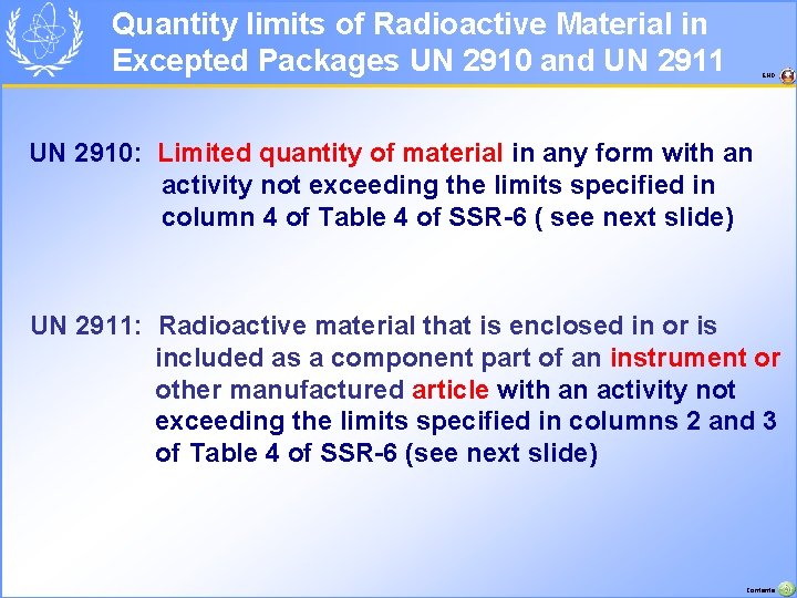 Quantity limits of Radioactive Material in Excepted Packages UN 2910 and UN 2911 END