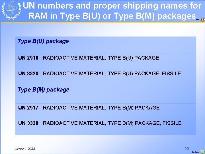 UN numbers and proper shipping names for RAM in Type B(U) or Type B(M)