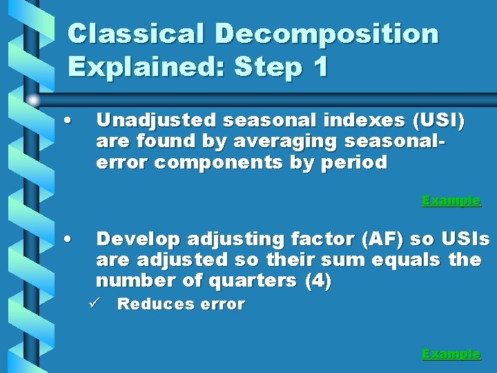 Classical Decomposition Explained: Step 1 • Unadjusted seasonal indexes (USI) are found by averaging