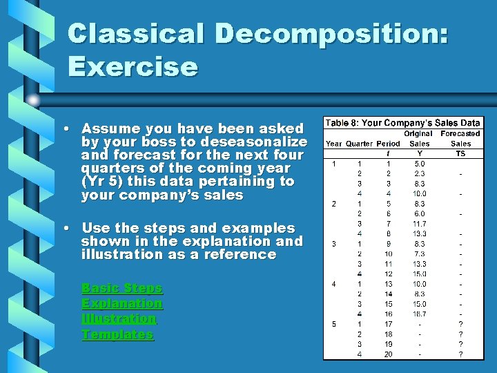 Classical Decomposition: Exercise • Assume you have been asked by your boss to deseasonalize