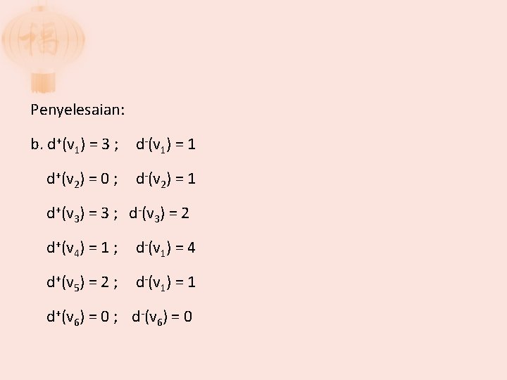 Penyelesaian: b. d+(v 1) = 3 ; d-(v 1) = 1 d+(v 2) =