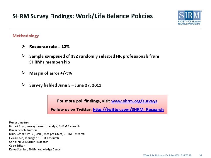 SHRM Survey Findings: Work/Life Balance Policies Methodology Ø Response rate = 12% Ø Sample