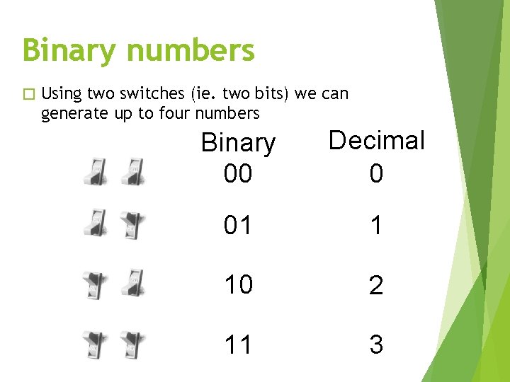 Binary numbers � Using two switches (ie. two bits) we can generate up to