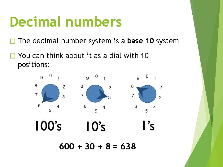 Decimal numbers � The decimal number system is a base 10 system � You