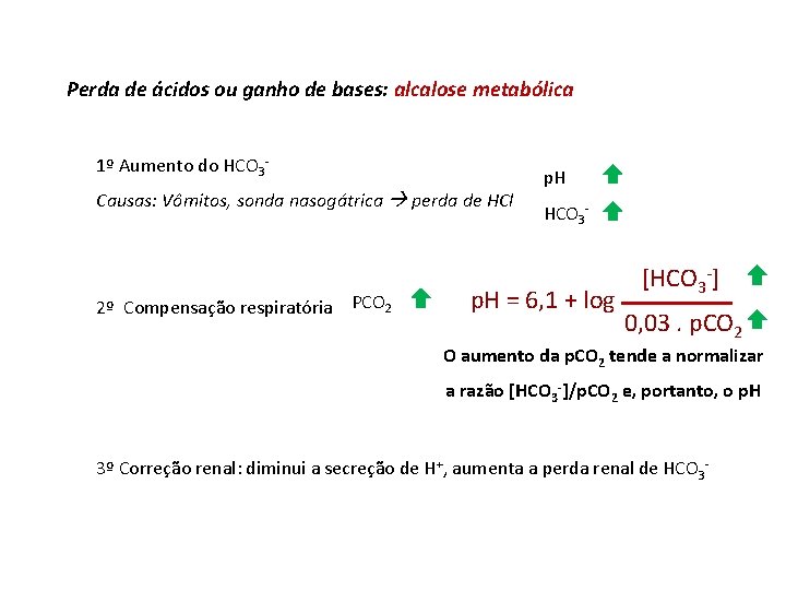 Perda de ácidos ou ganho de bases: alcalose metabólica 1º Aumento do HCO 3