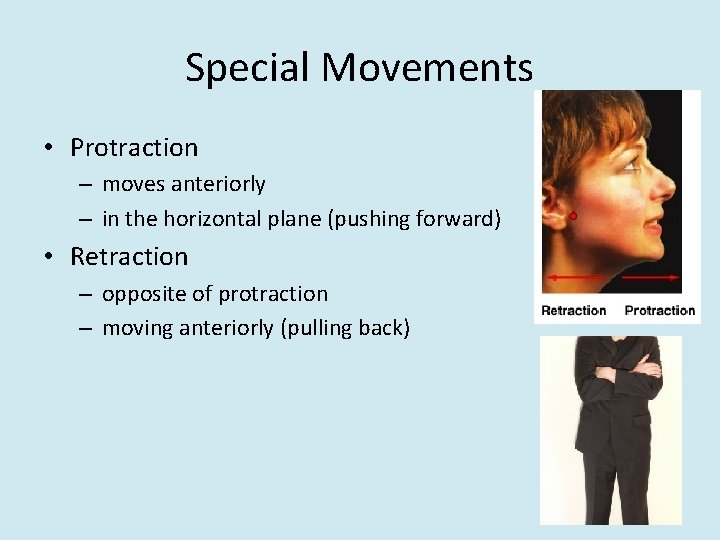 Special Movements • Protraction – moves anteriorly – in the horizontal plane (pushing forward)