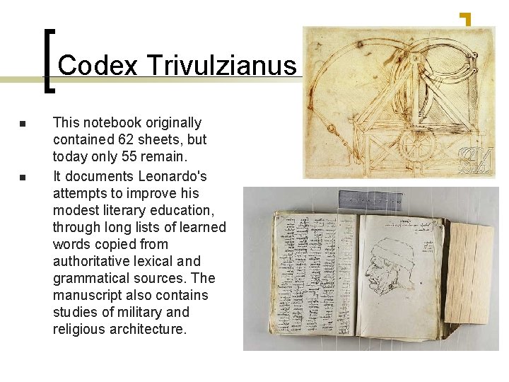 Codex Trivulzianus n n This notebook originally contained 62 sheets, but today only 55