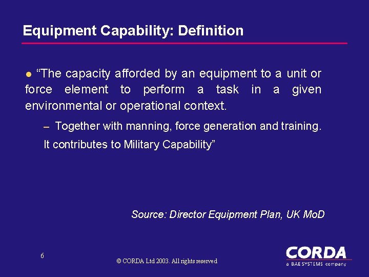 Equipment Capability: Definition “The capacity afforded by an equipment to a unit or force