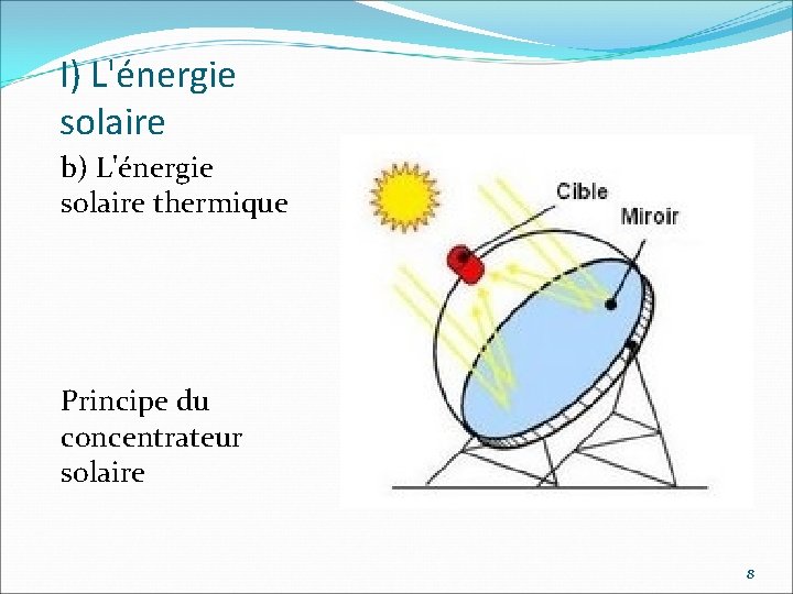 I) L'énergie solaire b) L'énergie solaire thermique Principe du concentrateur solaire 8 