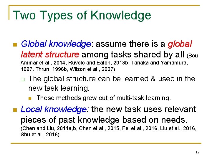 Two Types of Knowledge n Global knowledge: assume there is a global latent structure