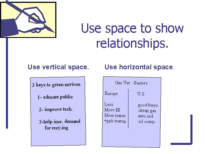Use space to show relationships. Use vertical space. 3 keys to green environ 1