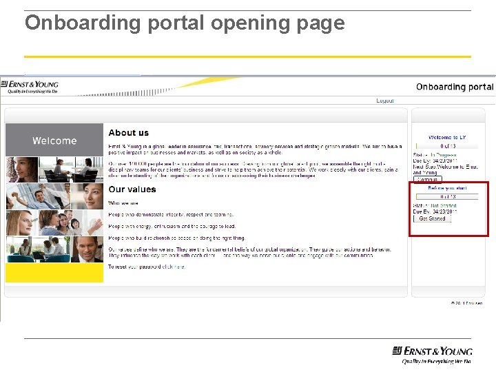 Onboarding portal opening page 