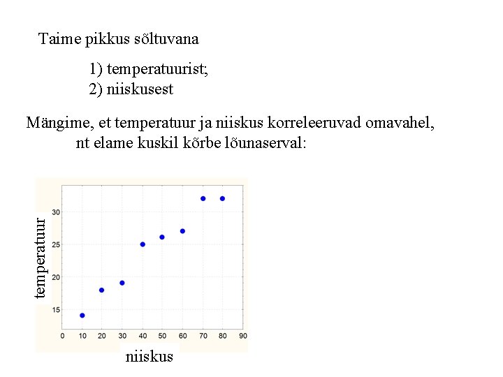 Taime pikkus sõltuvana 1) temperatuurist; 2) niiskusest temperatuur Mängime, et temperatuur ja niiskus korreleeruvad