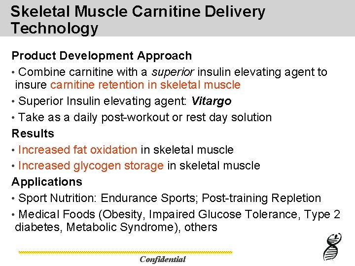 Skeletal Muscle Carnitine Delivery Technology Product Development Approach • Combine carnitine with a superior