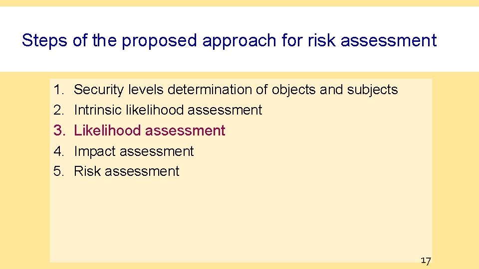 Steps of the proposed approach for risk assessment 1. Security levels determination of objects