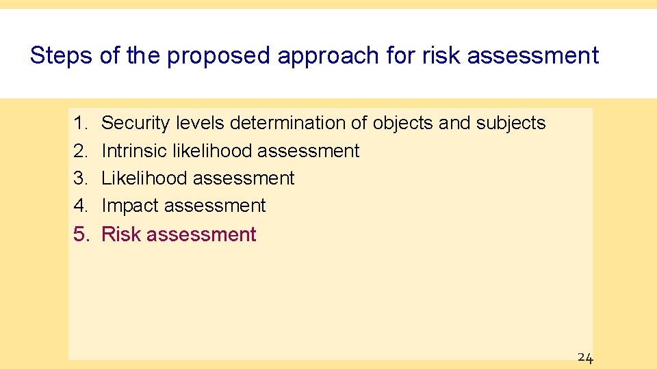 Steps of the proposed approach for risk assessment 1. 2. 3. 4. Security levels