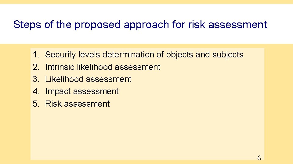 Steps of the proposed approach for risk assessment 1. 2. 3. 4. 5. Security