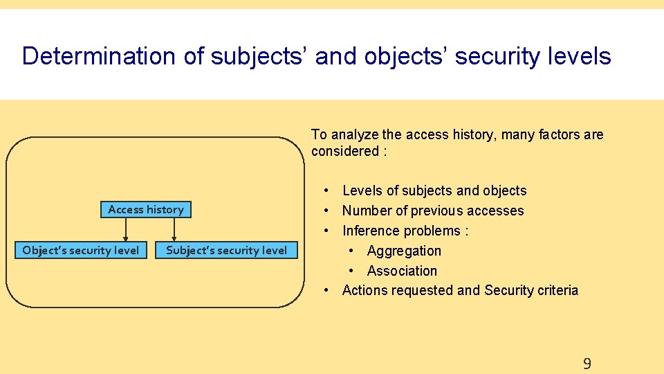 Determination of subjects’ and objects’ security levels To analyze the access history, many factors