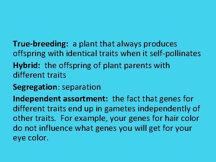 True-breeding: a plant that always produces offspring with identical traits when it self-pollinates Hybrid: