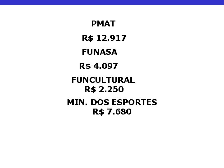 PMAT R$ 12. 917 FUNASA R$ 4. 097 FUNCULTURAL R$ 2. 250 MIN. DOS
