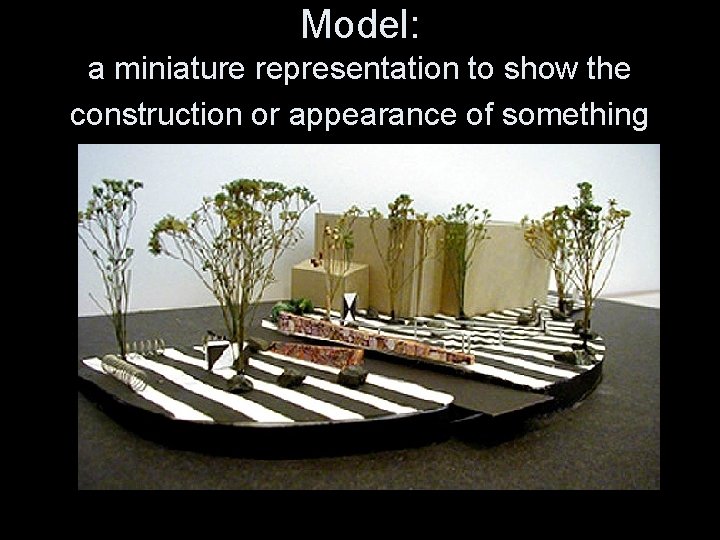 Model: a miniature representation to show the construction or appearance of something 