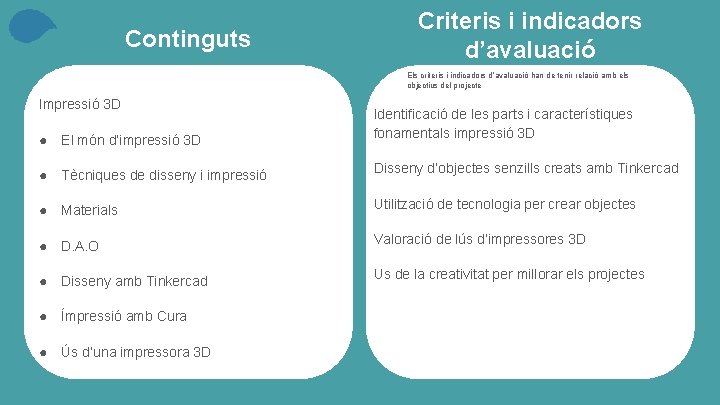 Continguts Criteris i indicadors d’avaluació Els criteris i indicadors d’avaluació han de tenir relació