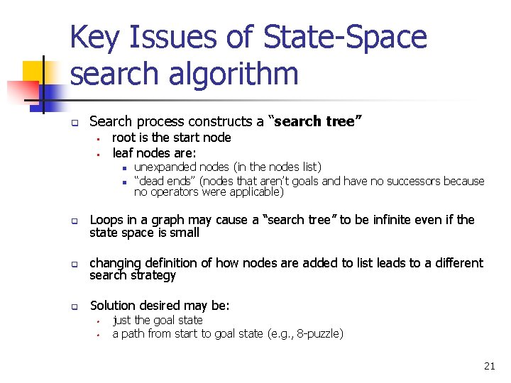 Key Issues of State-Space search algorithm q Search process constructs a “search tree” •