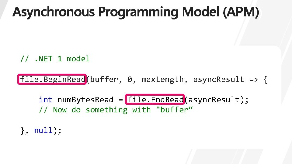 Asynchronous Programming Model (APM) //. NET 1 model file. Begin. Read(buffer, 0, max. Length, Asynchronous Programming Model (APM) //. NET 1 model file. Begin. Read(buffer, 0, max. Length,