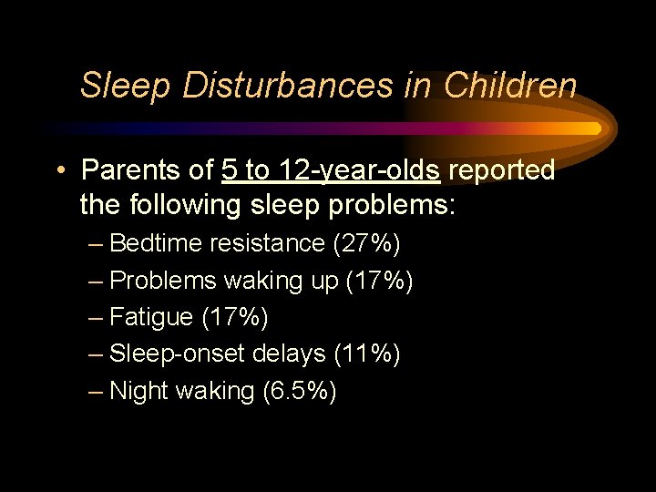 Sleep Disturbances in Children • Parents of 5 to 12 -year-olds reported the following