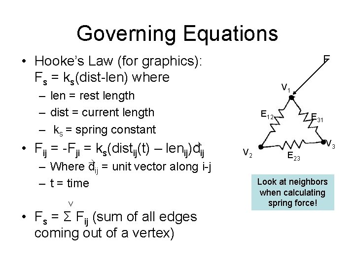 Governing Equations • Hooke’s Law (for graphics): Fs = ks(dist-len) where F V 1