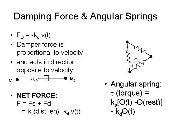 Damping Force & Angular Springs • FD = -kd v(t) • Damper force is