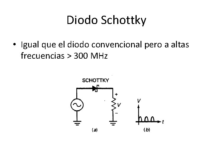 Diodo Schottky • Igual que el diodo convencional pero a altas frecuencias > 300