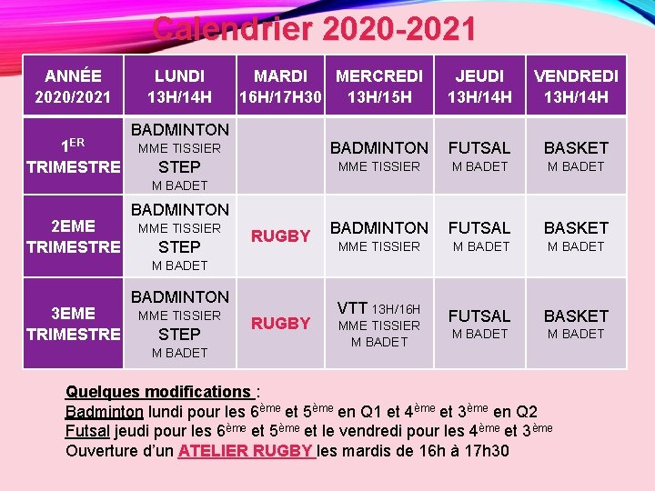 Calendrier 2020 -2021 ANNÉE 2020/2021 1 ER TRIMESTRE LUNDI 13 H/14 H MARDI MERCREDI