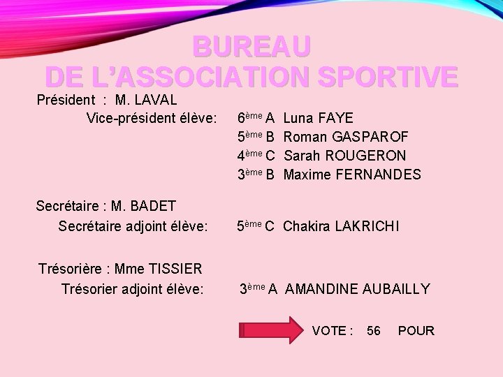 BUREAU DE L’ASSOCIATION SPORTIVE Président : M. LAVAL Vice-président élève: 6ème A 5ème B