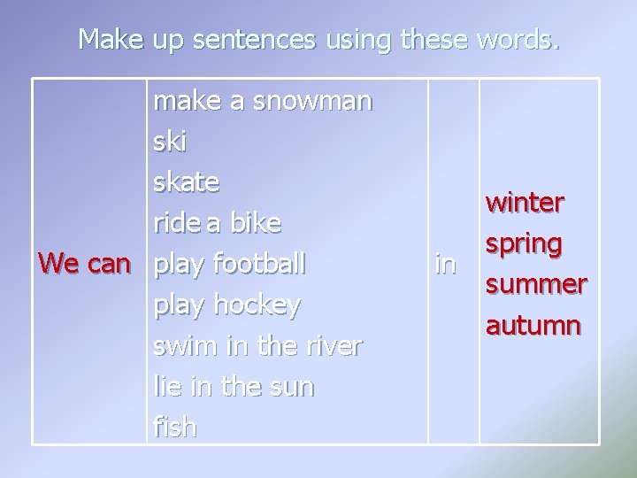 Make up sentences using these words. make a snowman ski skate ride a bike