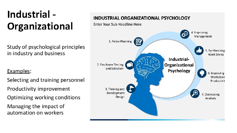 Industrial Organizational Study of psychological principles in industry and business Examples: Selecting and training
