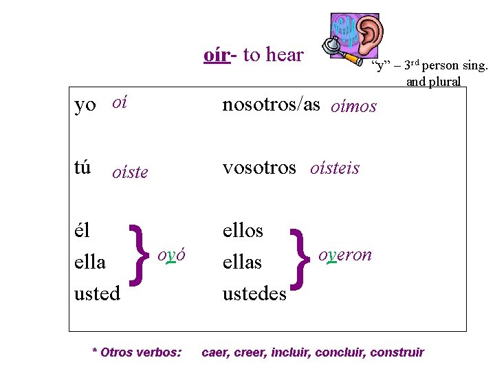oír- to hear “y” – 3 rd person sing. and plural yo oí nosotros/as