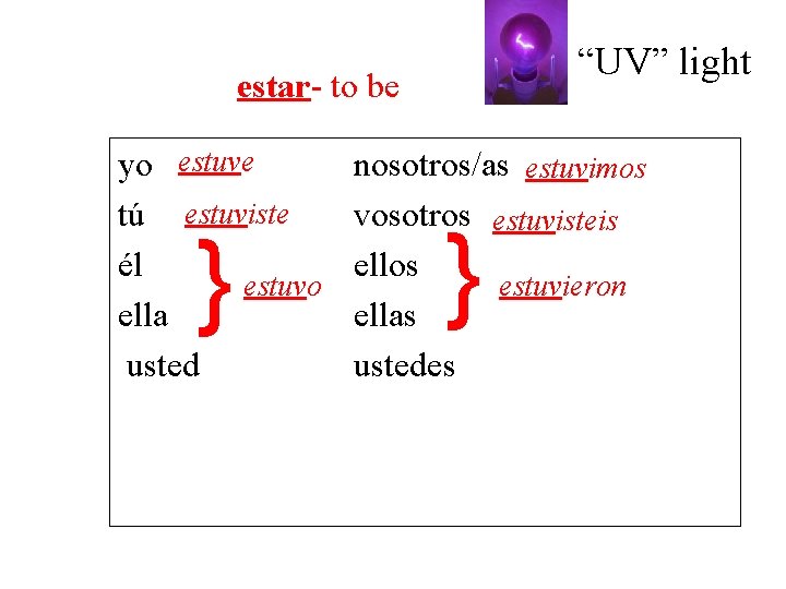 “UV” light estar- to be yo estuve tú estuviste él estuvo ella usted }