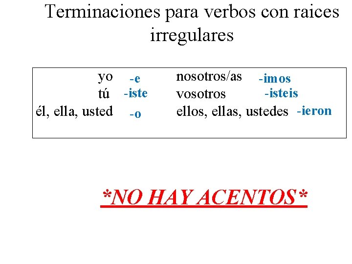 Terminaciones para verbos con raices irregulares yo -e tú -iste él, ella, usted -o