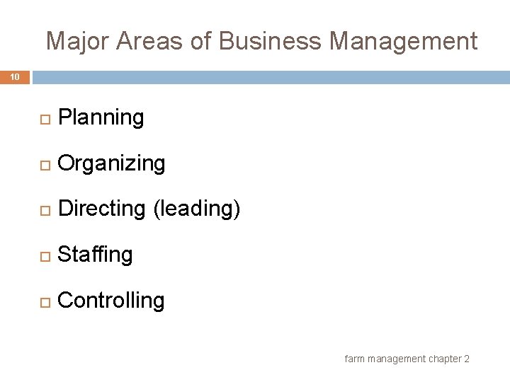Major Areas of Business Management 10 Planning Organizing Directing (leading) Staffing Controlling farm management