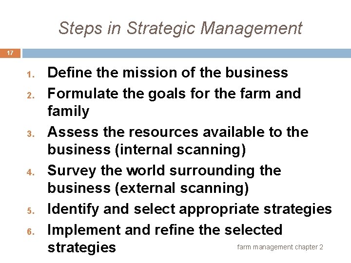 Steps in Strategic Management 17 1. 2. 3. 4. 5. 6. Define the mission