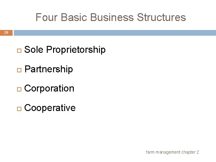 Four Basic Business Structures 29 Sole Proprietorship Partnership Corporation Cooperative farm management chapter 2