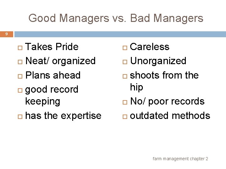 Good Managers vs. Bad Managers 9 Takes Pride Neat/ organized Plans ahead good record