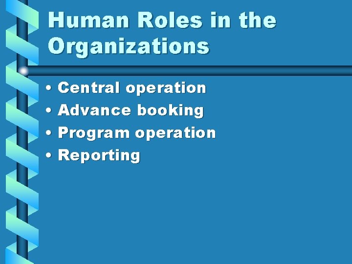 Human Roles in the Organizations • Central operation • Advance booking • Program operation